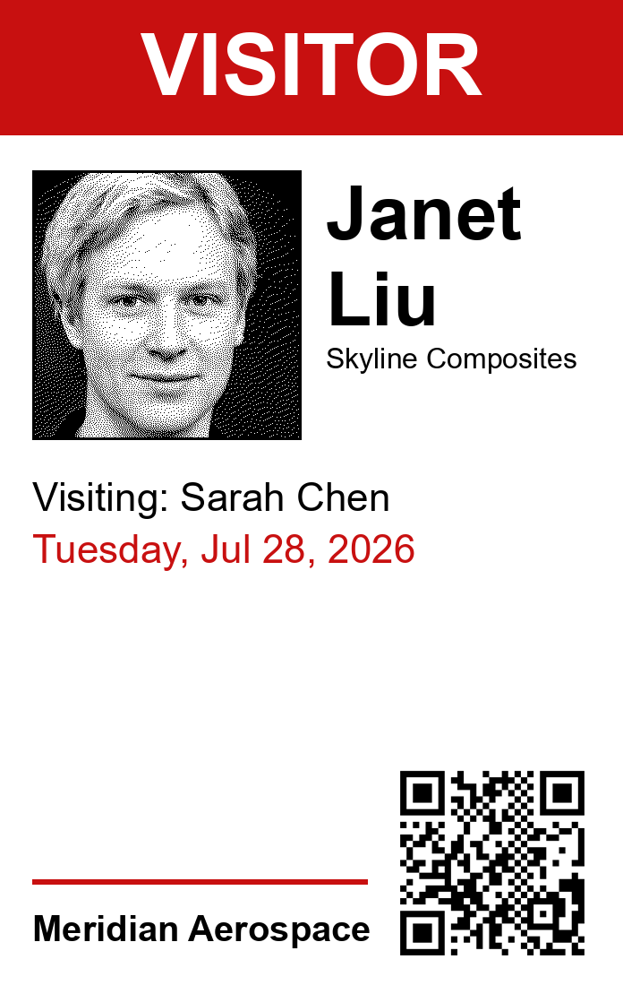 Printed visitor badge with photo, host, date, and QR code
